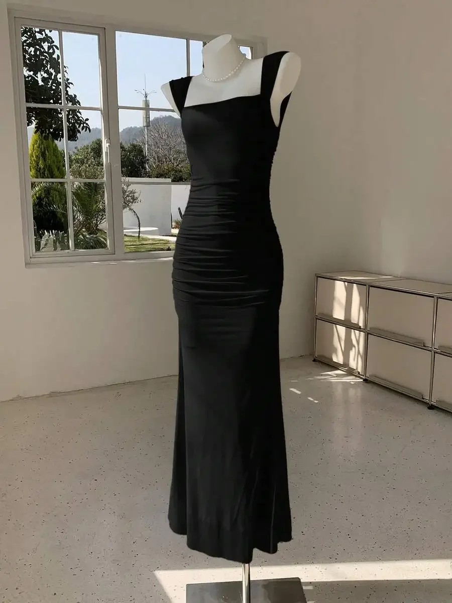 

Black Ruched Sleeveless Maxi Dress For Women Summer Casual Elegant