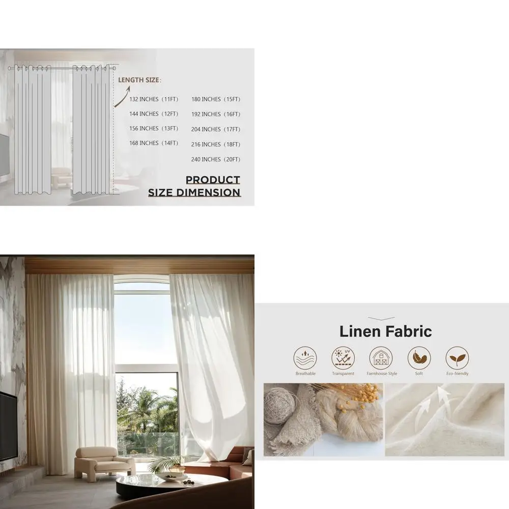 

Льняные полупрозрачные шторы, пропускающие свет, 192 дюйма от пола до потолка, для гостиной в стиле лофт, 52x192 (16 футов), 1 панель