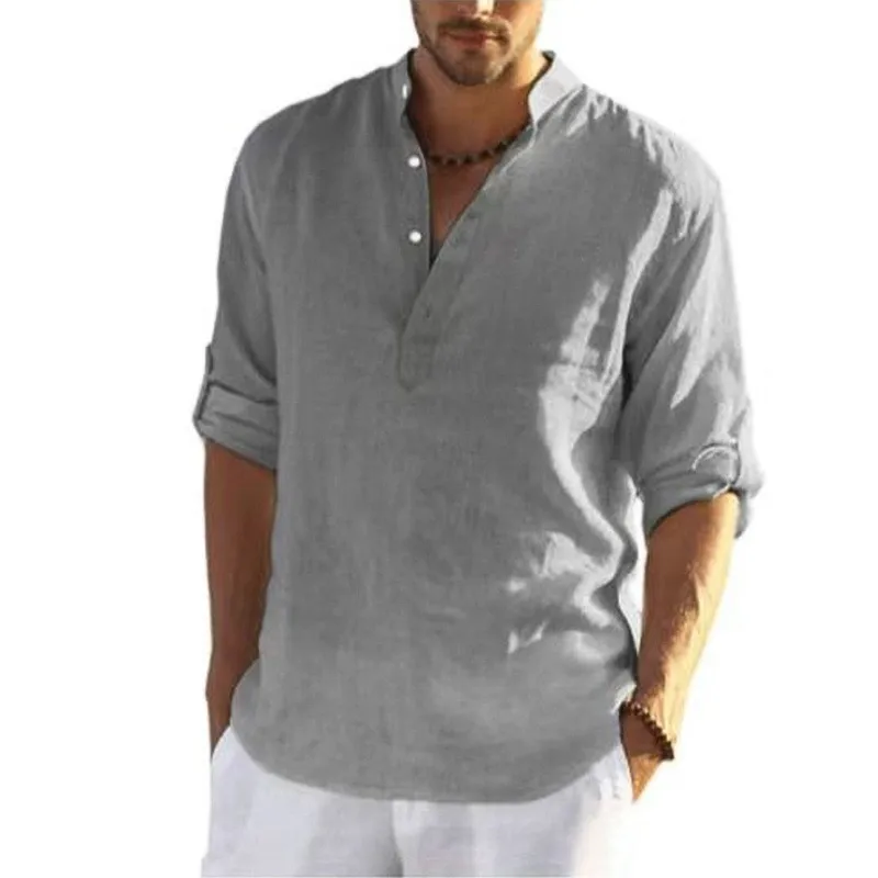 Men's casual loose shirt men's fashion stand collar pure cotton long-sleeved pure color shirt large men's wear