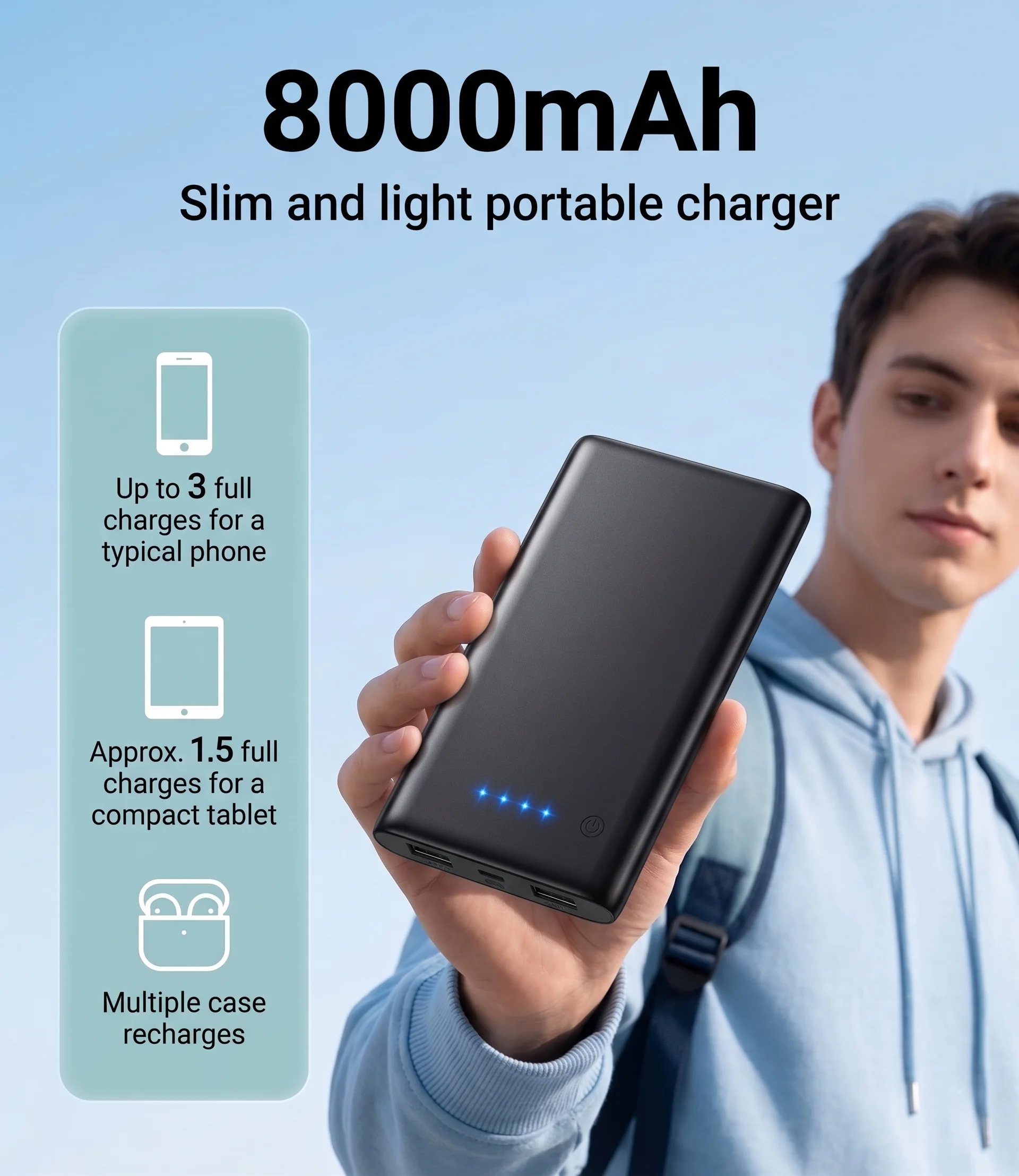 Pocket Travel Power Bank 8000mAh Type-C 15W Fast Charging External Battery Pack Ultra Thin Backup Charger for iPhone 17 16 Galaxy S26 S25
