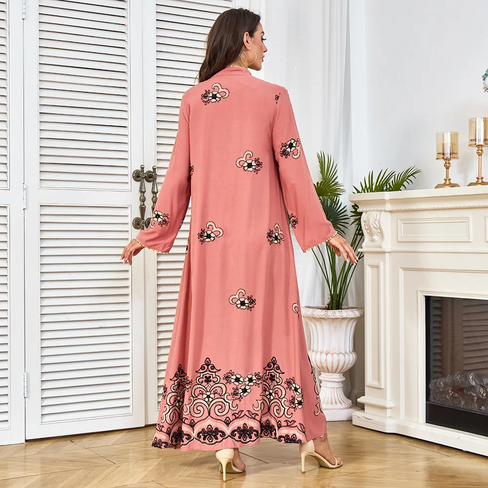 Medio Oriente Moda Donna Musulmana Rosa Stampato Casual Alla Moda Manica Lunga Alla Caviglia Con Scollo A V Ricamato Abaya Abiti Femminili