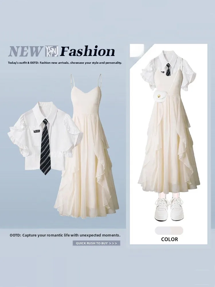 

Korean Gentle Style Bubble Sleeve Blouse And Halter Skirt Set Women's Summer Turn-down Collar Shirt Holiday Style Two-piece Set