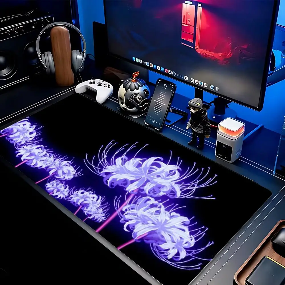 XXL Mousepad Gothic Lycoris Radiata Red Blue Purple Neon Floral Art Rubber Overlocked Keyboard Gaming Desk Mat PC Gaming Mats