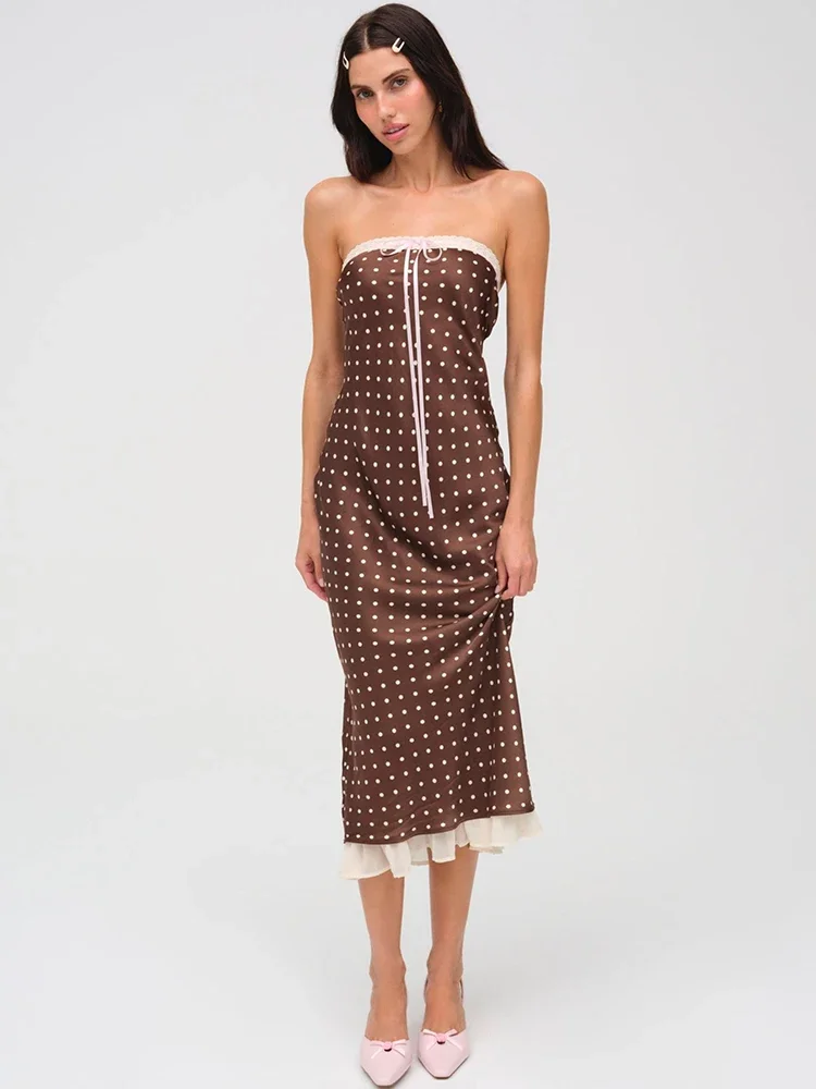 

XIAOTANG Lace Strapless Backless Sexy Midi Dress for Women Fashion Off-shoulder Sleeveless Bodycon Polka Dot Dress Elegant