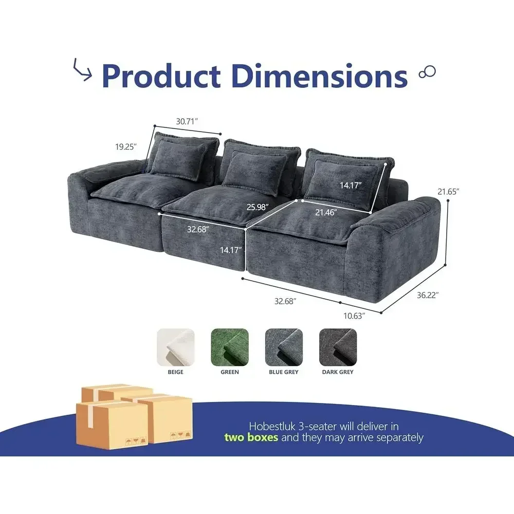 3-Seater Cloud Sectional Couch with Deep Seat and Removable Cover, Blue Grey for Living Room