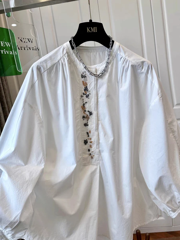 2025年新作 レディース ゆったり ラウンドネック ドールシャツ ランタンスリーブ 中華風トップス おしゃれ 着痩せ効果