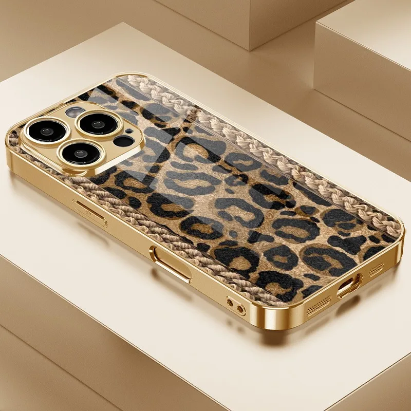 

Stylish Retro Leopard Print Gold Metal Paint Glass Phone Case For iPhone 17 16 15 14 13 12 11 Pro Max 14 Plus 17 Air 16E Cover