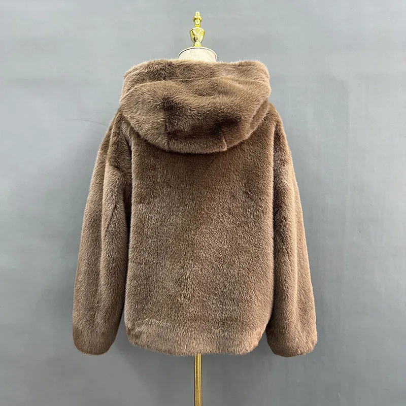 Women Warm Soft Brown Fluffy Faux Mink Fur Coat Winter Short Vintage Elegant Luxury Chic Thick With Hat Furry Overcoat