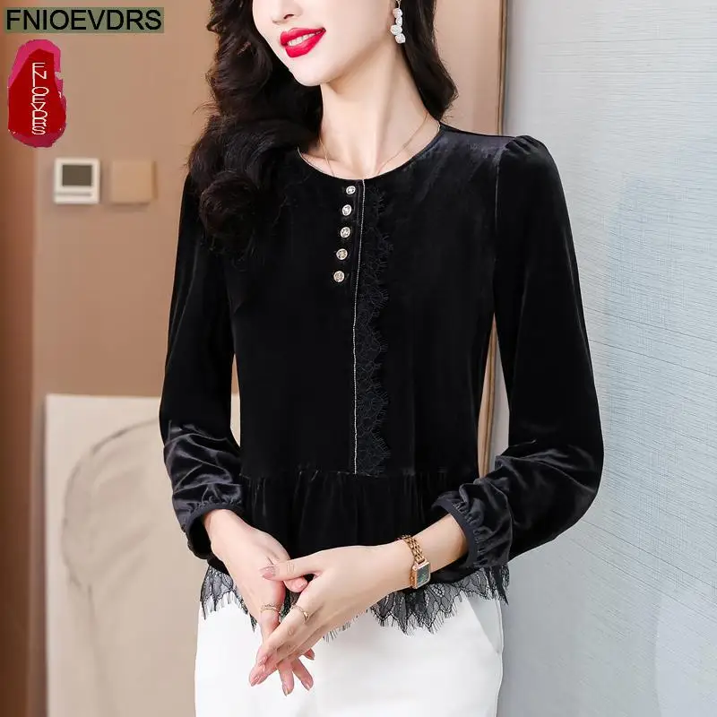 Black Velvet Retro Vintage Tassel Peplum Tops New Design Women 2024 Autumn Long Sleeve Sequined Button Belly Basics Shirt Blouse