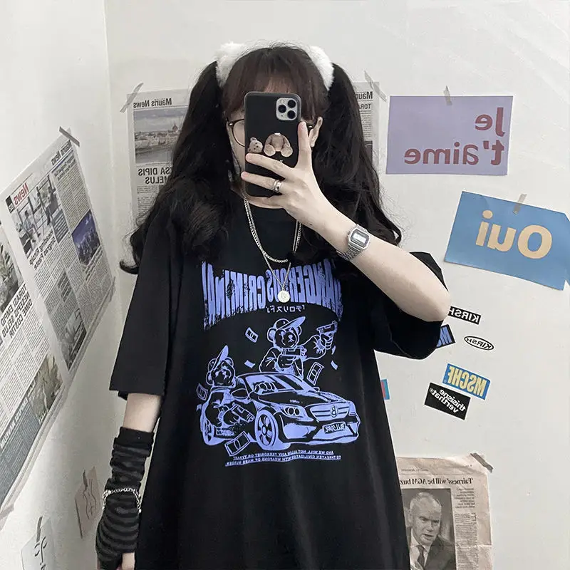 Women's T-shirts Korean Style Black Oversize Hip Hop Tops Harajuku Vintage Aesthetic Gothic Graphic Punk Clothes Oversized Tops