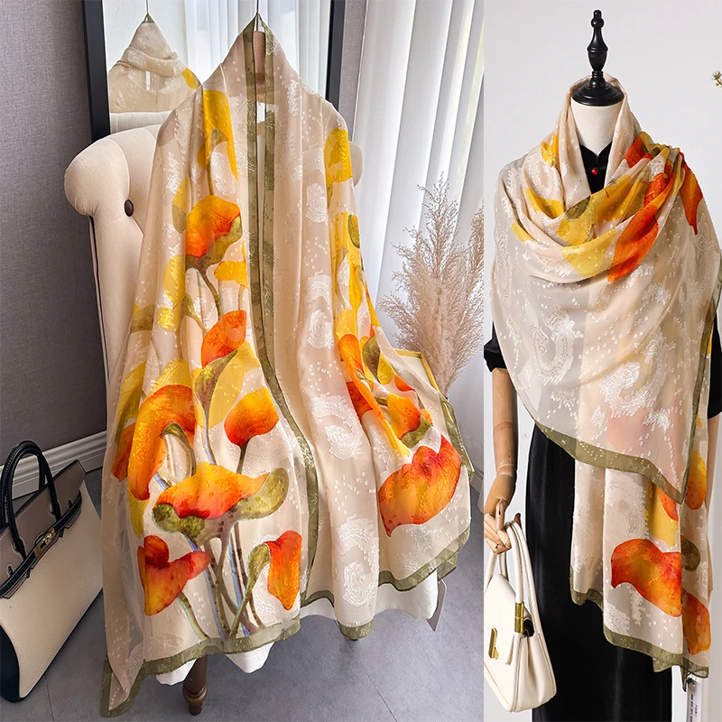 Women's Spring and Autumn Printed Imitation Silk Scarf with Round Flower Scarf Wrapping Ladies' Big Shawl 2025