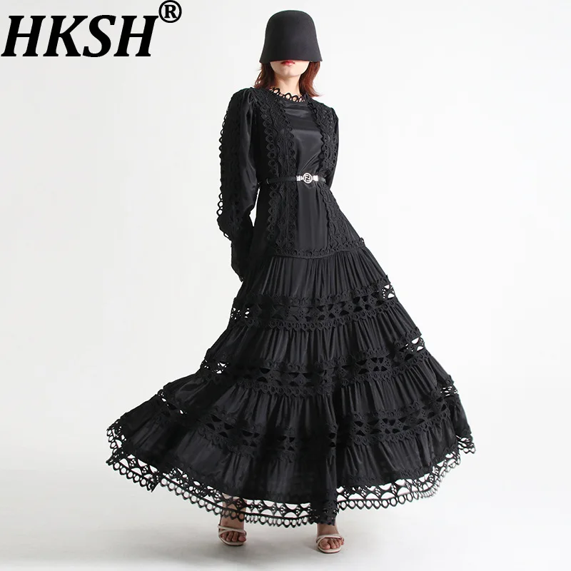 

HKSH Women Elegant Long Dress Lantern Sleeves Lace Hollow Out Pleated A-line Slimming High-end Dresses New Spring Summer HK20673