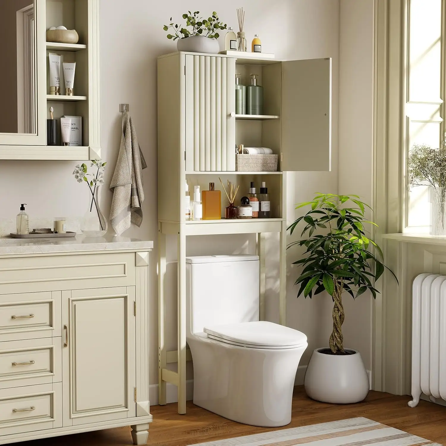 

Over The Toilet Storage Cabinet, Bathroom Organizer w/Fluted Doors, Adjustable Shelf&Bottom Bar, Open Storage Cube, Space-Sav