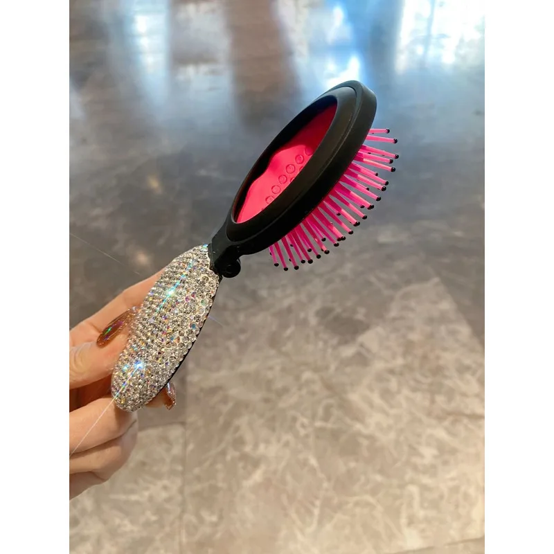 Diamond-Encrusted Mini Makeup Mirror Portable Folding Comb with Air Cushion for Smooth Hair High-Appearance Compact Beauty Tool