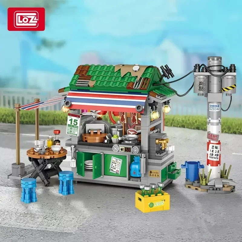 LOZ-City Food Barbecue Stand Building Block para crianças, mini Takoyaki Streetview, barraca de comida de Hong Kong, brinquedos de decoração para meninas