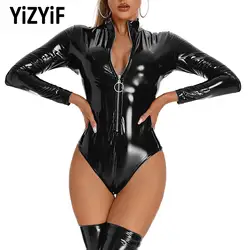 Women One Piece Swimsuit Swimwear Sexy High Cut Bodysuit Wet Look PVC Leather Latex Costume Long Sleeve Zipper Bodysuits Catsuit