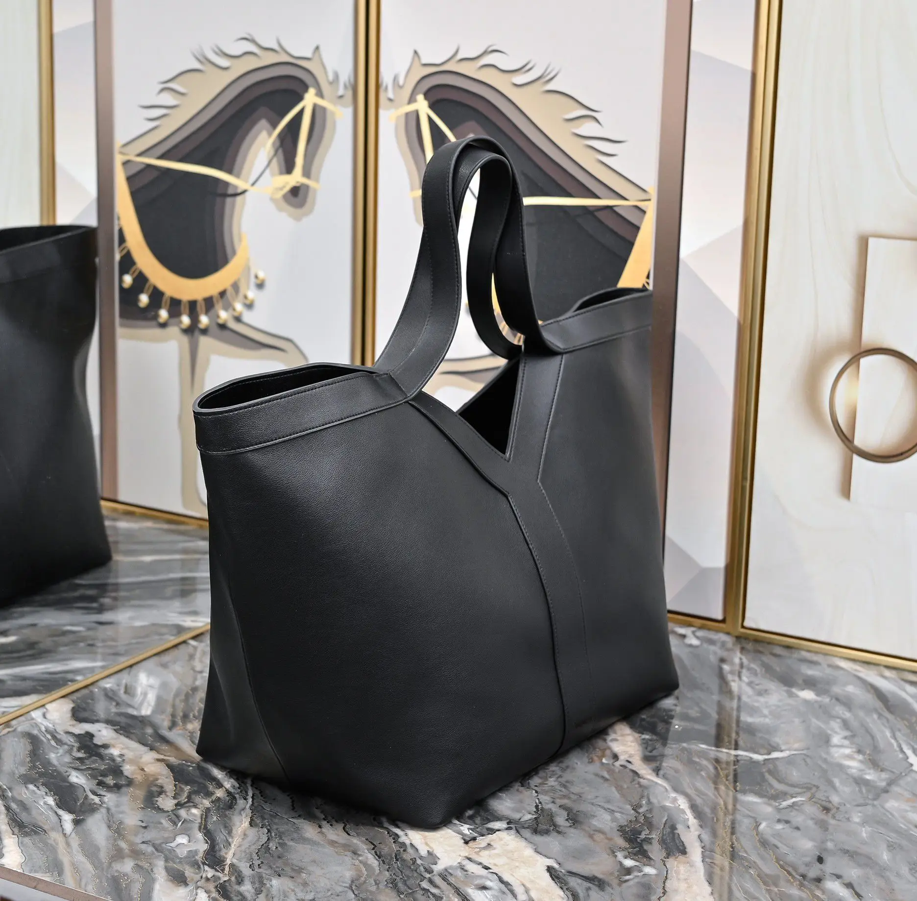 Black Smooth Calfskin V-Stitch Large Capacity Tote Handbag, Extra Long Integrated Top Handle Open Shoulder Purse, Luxury Designer Inspired Minimalist Business Women Work Handbag