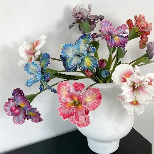 Fleur d'iris artificielle haut de gamme à tige courte, ornement de décoration intérieure, fleur d'iris simulée effet peinture à l'huile