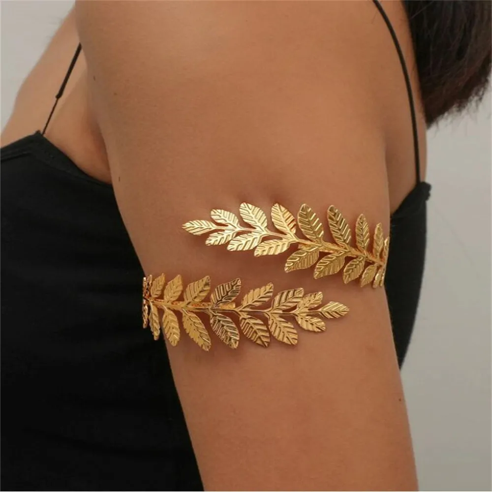 Vintage Metal Gold Leaf Shape Open Bracelet Armband Upper Arm Cuff Armlet Bangle Hand Jewelry for Bridal Wedding Jewelry Gift