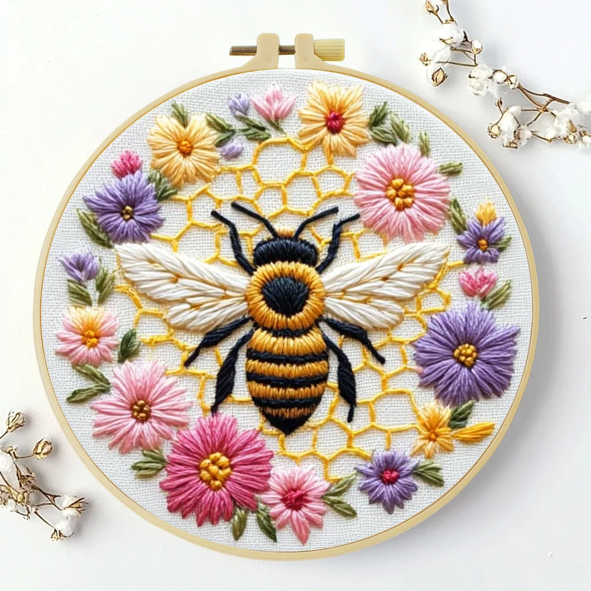 1 Stück 20x20 cm/7,87 Zoll Bienen und Schöne Blumen Stickerei Starter-Kit DIY-Set für Anfänger Nähkunst Heimdekoration – Detail 3