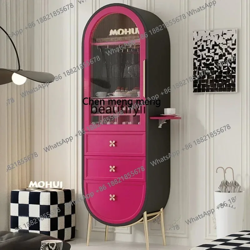 

new Single Door Wine Cabinet Rose Red Changhong Glass Cabinet Integrated Dining Side Dopamine Display Cabinet ss 8617