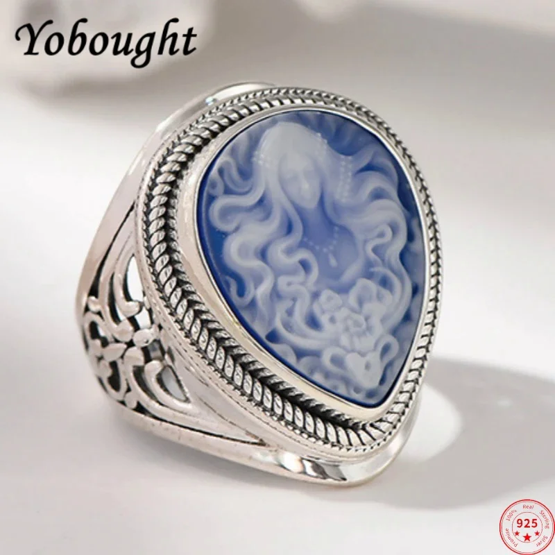 

S925 sterling silver rings for Women New Fashion ancient beauty God waterdrop shaped shell agate relief jewelry free shipping