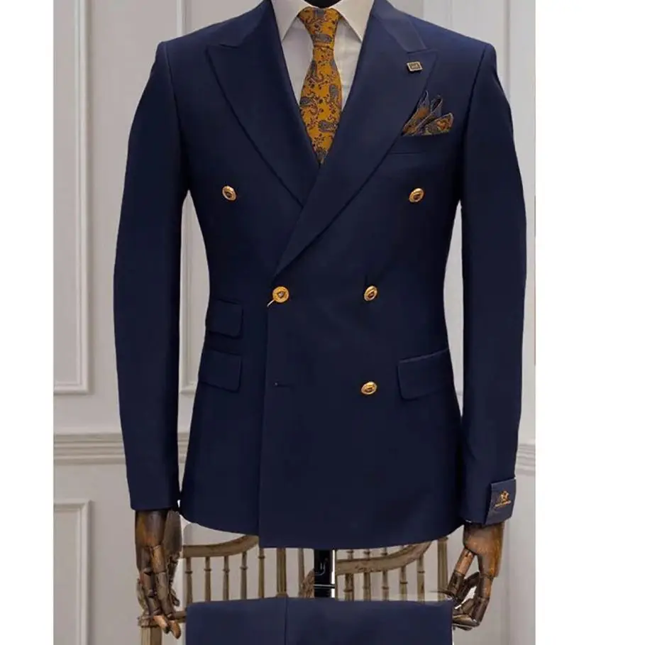 

Hot Selling High-quality Men's Suit Two-piece Set New Arrival Male Navy Blue Double Breasted Wedding Banquet Set