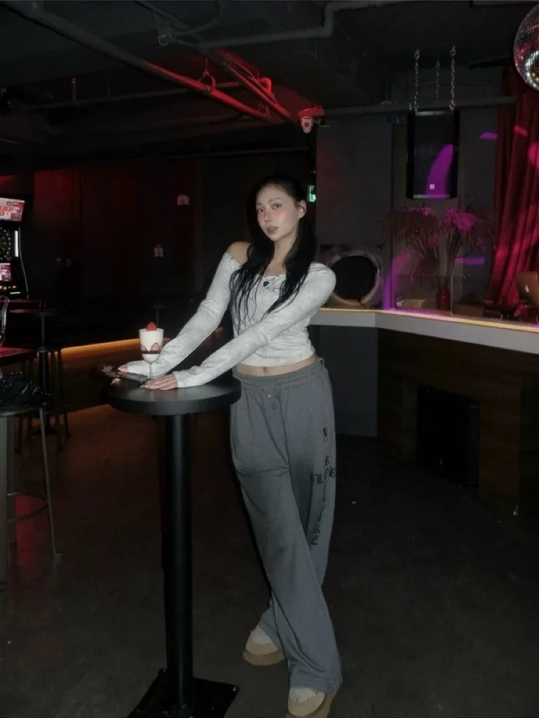 Jennie Letter Print Washed Gradient Loose Slimming Drawstring Sports Pants Long Casual Straight Leg Pants for Women