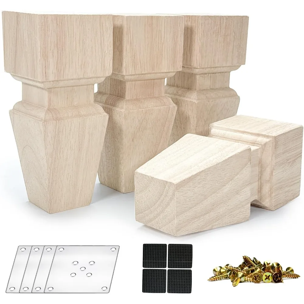 

6 Inch Wooden Furniture Legs, Set of 4 Replacement Solid Wood Unfinished Square Furniture Bun Feet for Couch Chair So