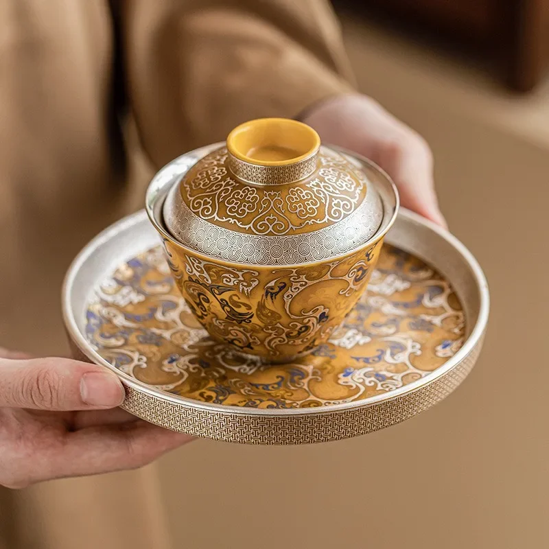 140ML Hand-painted 999 Silver Longteng Sihai Cover Bowl Ceramic Cover Cup Household Ercai Tea Bowl High-end Collection Gift Box
