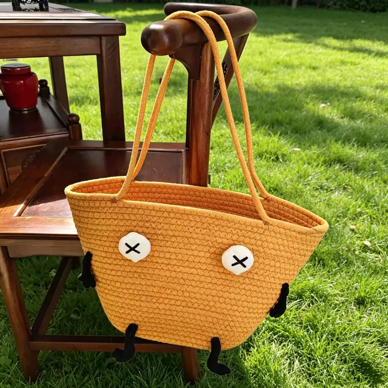 CLAREGQI   Cute Cartoon Doll Decor Woven Tote Bag Large Capacity Cotton Rope Shoulder Handbag Casual Summer Beach Shopping Bag f