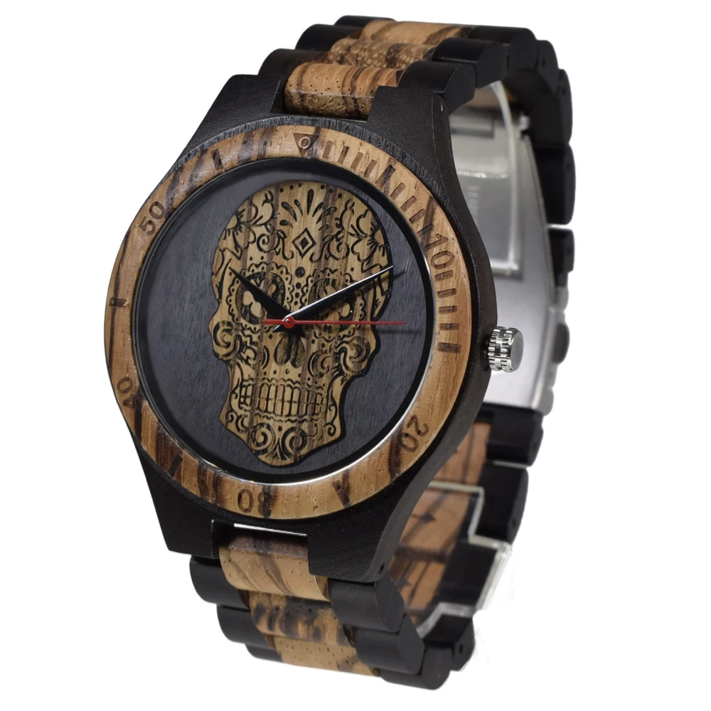 Zebra And Ebony Wood Watch Cool Skull Pattern Reliable Quartz Timepiece Retro All Wood Structure