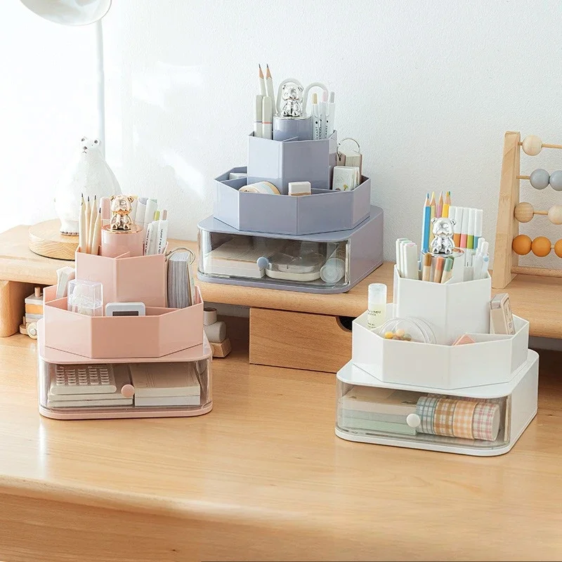 

Rotating Plastic High Aesthetic Transparent Desktop Storage Pen Holder, Dormitory Office with Drawer Storage