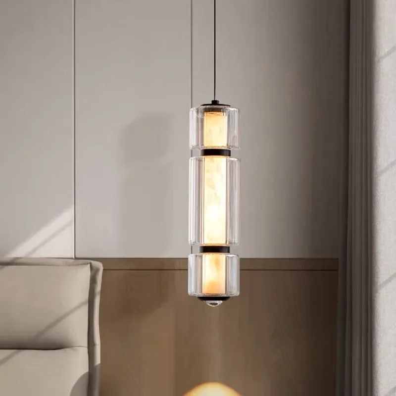 Restaurant Long Stripe Pendant Light Marble Glass Lampshade Nordic Bedside Decor Hanging Light Living Room Stairs Pendant Lamp