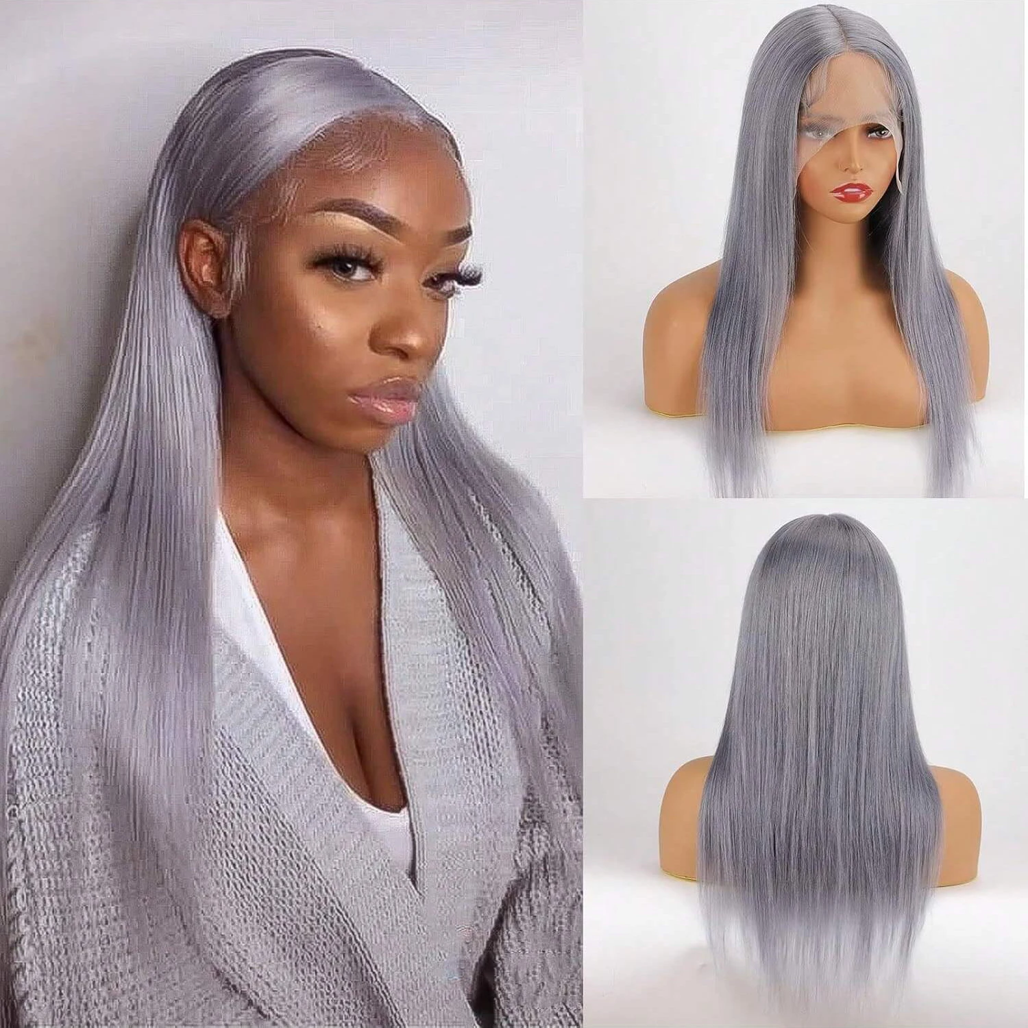 Peruca dianteira de renda reta cinza prateado 200 densidade cinza colorido cabelo humano brasileiro 13x6 perucas frontais de renda transparente para mulheres
