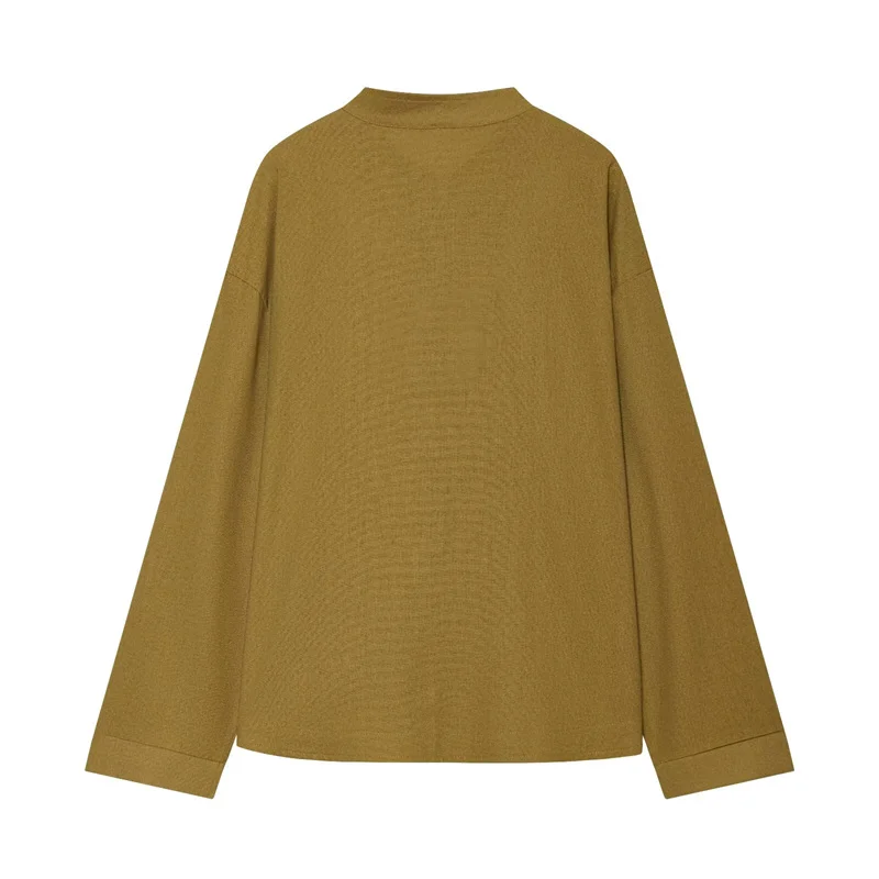 Guobioziy Women's Shirt 2026 Early Autumn New Retro Long Sleeve Round Neck Solid Color Cord Button Linen Shirt