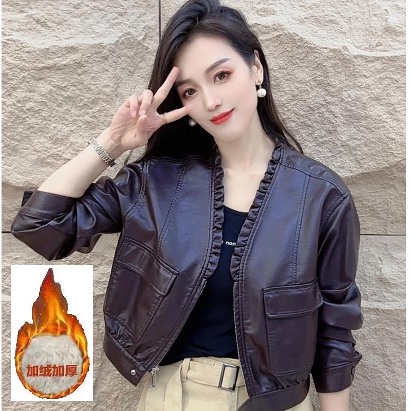 2026 Spring Autumn Short Leather Jacket for Women Fashion Solid Color Lace V-neck Loose PU Leather Jacket Top Motorcycle Coat