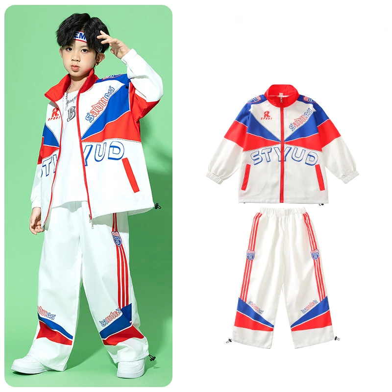 New Hip Hop Teen Kids Costume Patchwork Coat Pants for Girls Jazz Performance Clothes Boy Casual Jacket Sweatpants Dance Outfits