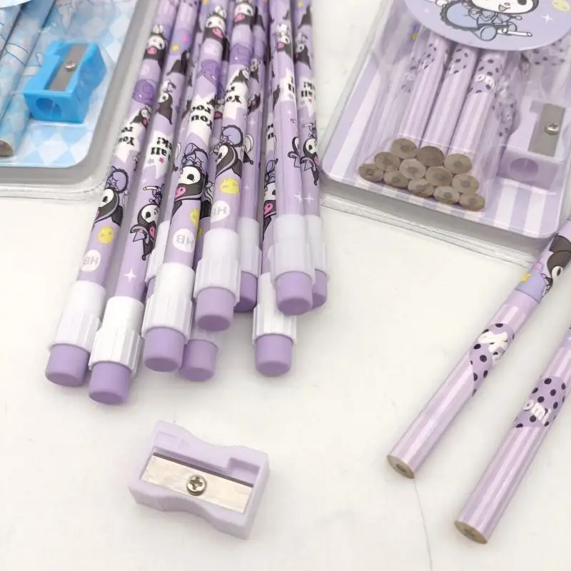 Kuromi 12Pcs Sanrio Cinnamoroll Kawaii Cartoon Hb Pencils 12 Pencils 1 Pencil Roller Stationery Box Set Writing Draw Stationery