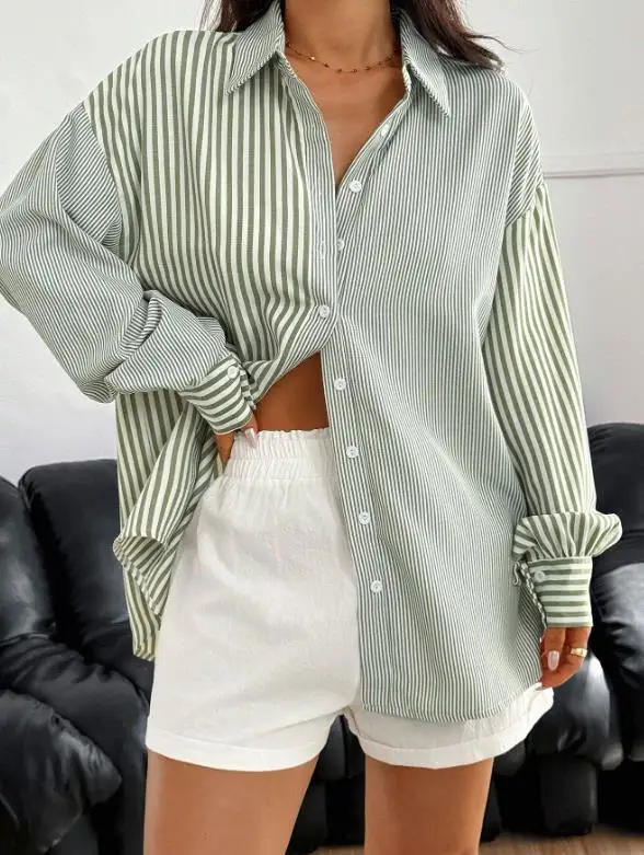 

Women Shirt 2026 Spring Autumn New Fashion Striped Long Sleeved Versatile Casual Turn-Down Collar Loose Shirt Top