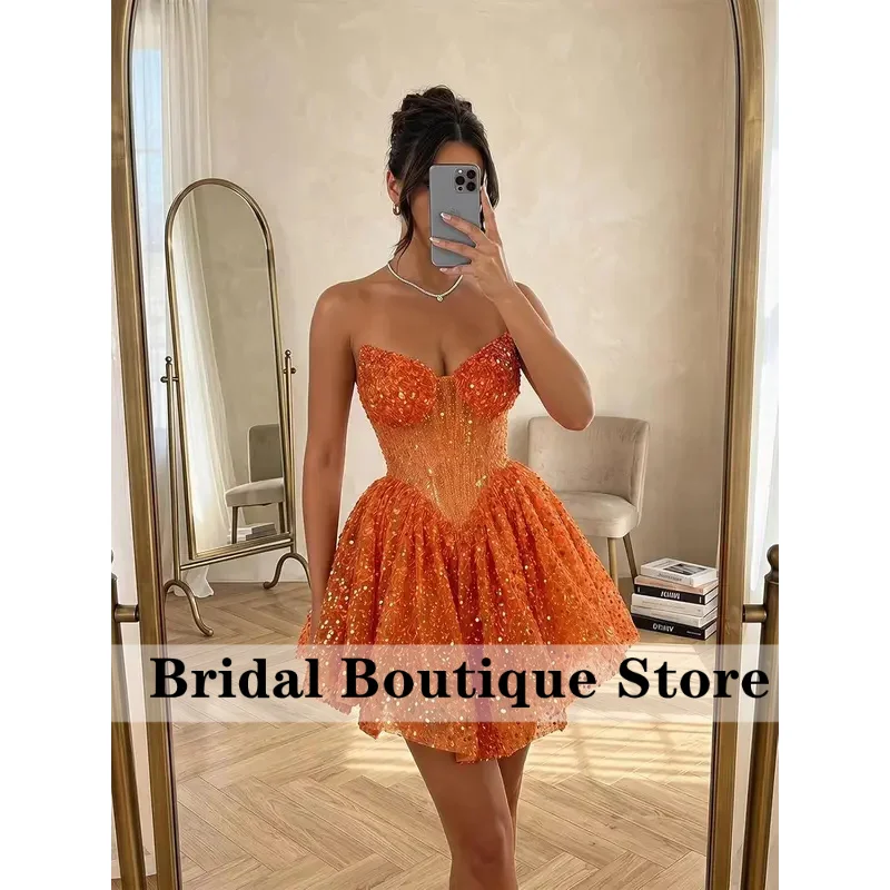 Customized Sweet Strapless Sequin Homecoming Dresses for Teens Sparkly Short Prom Dress A Line Corset Mini Cocktail Party Gowns