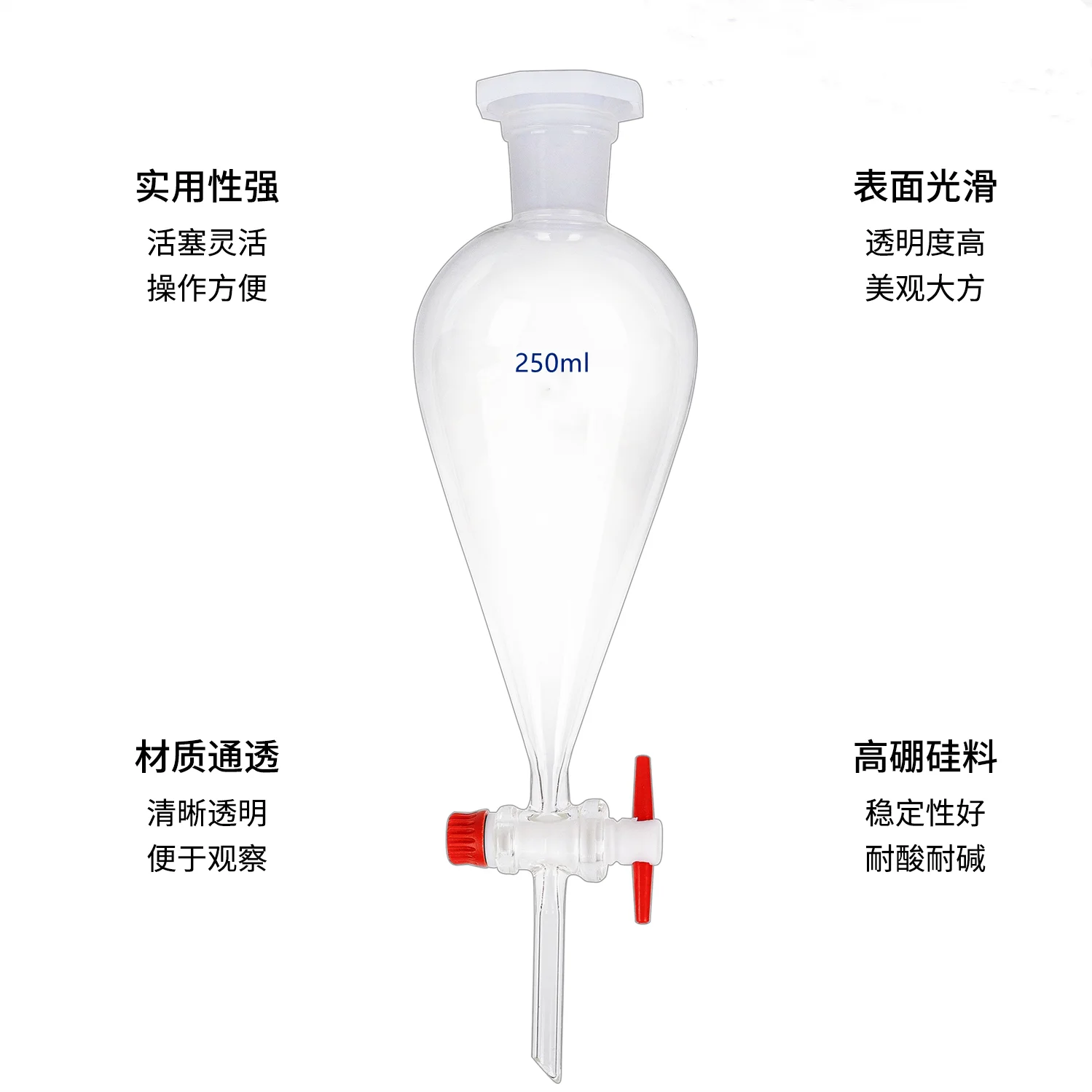 Birnenförmiger Scheidetrichter, Laboröl, Glas, PTFE-Kolben, 60/125/250/500/1000 ml