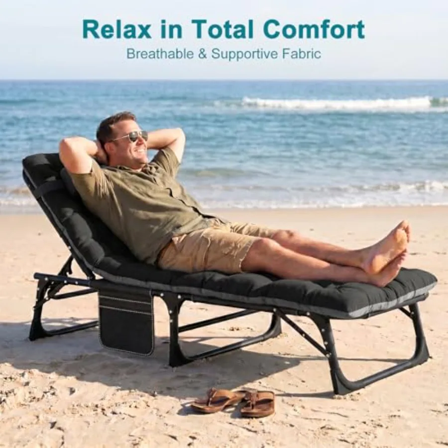 Tanning Chairs for Outdoor Use, Steel Frame with Gray Fabric, Adjustable 5-Position Backrest, Padded Mat and Pillow Included, 5