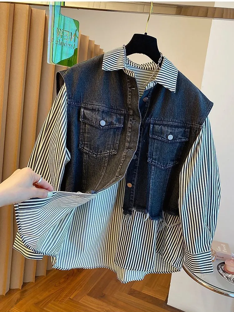 

Women's Clothing Vintage Denim Patchwork Fake Two Shirts Spring Autumn Casual Striped Denim Coats Female Outwear