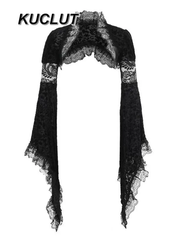 

2025 New Fashion Women's Coats Solid Color Lace Ruffle Sleeve Open Front Cardigan Stand Collar Spring Autumn Ladies Jackets