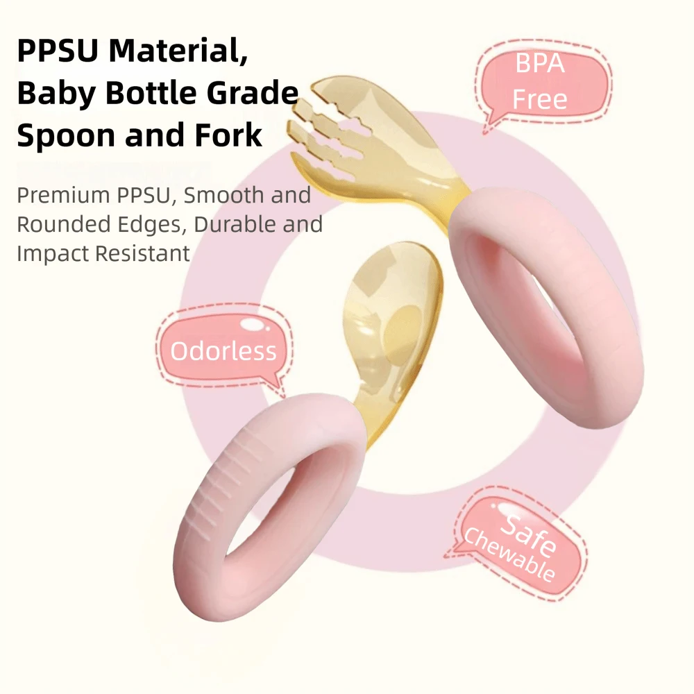

Ложка и вилка для малышей с гибкой силиконовой ручкой и коробкой для хранения головок из PPSU для самостоятельного кормления ребенка