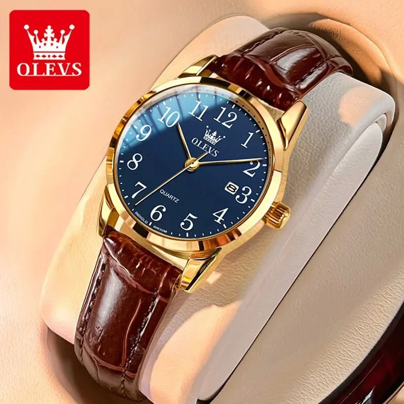 Olevs-Montre à quartz classique pour femmes, bracelet en cuir marron, avec fonction de date, cadran numérique, étanche, pour dames, 5566