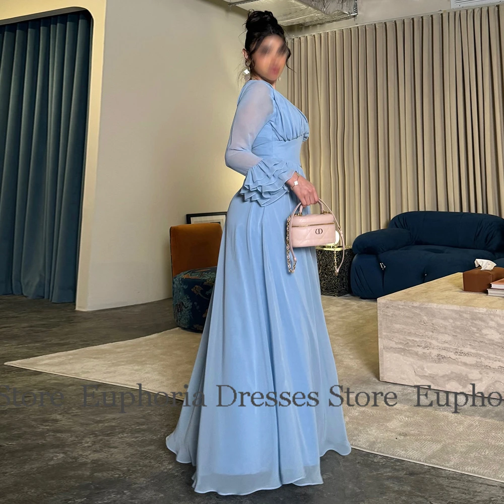 دبي المرأة فستاين سهرة/فساتين الحفلات الشيفون ألف خط فستان سهرة رسمي السماء الزرقاء الخامس الرقبة الطية Ruched الكشكشة فساتين لحضور الحفلات الموسيقية طويلة 2025