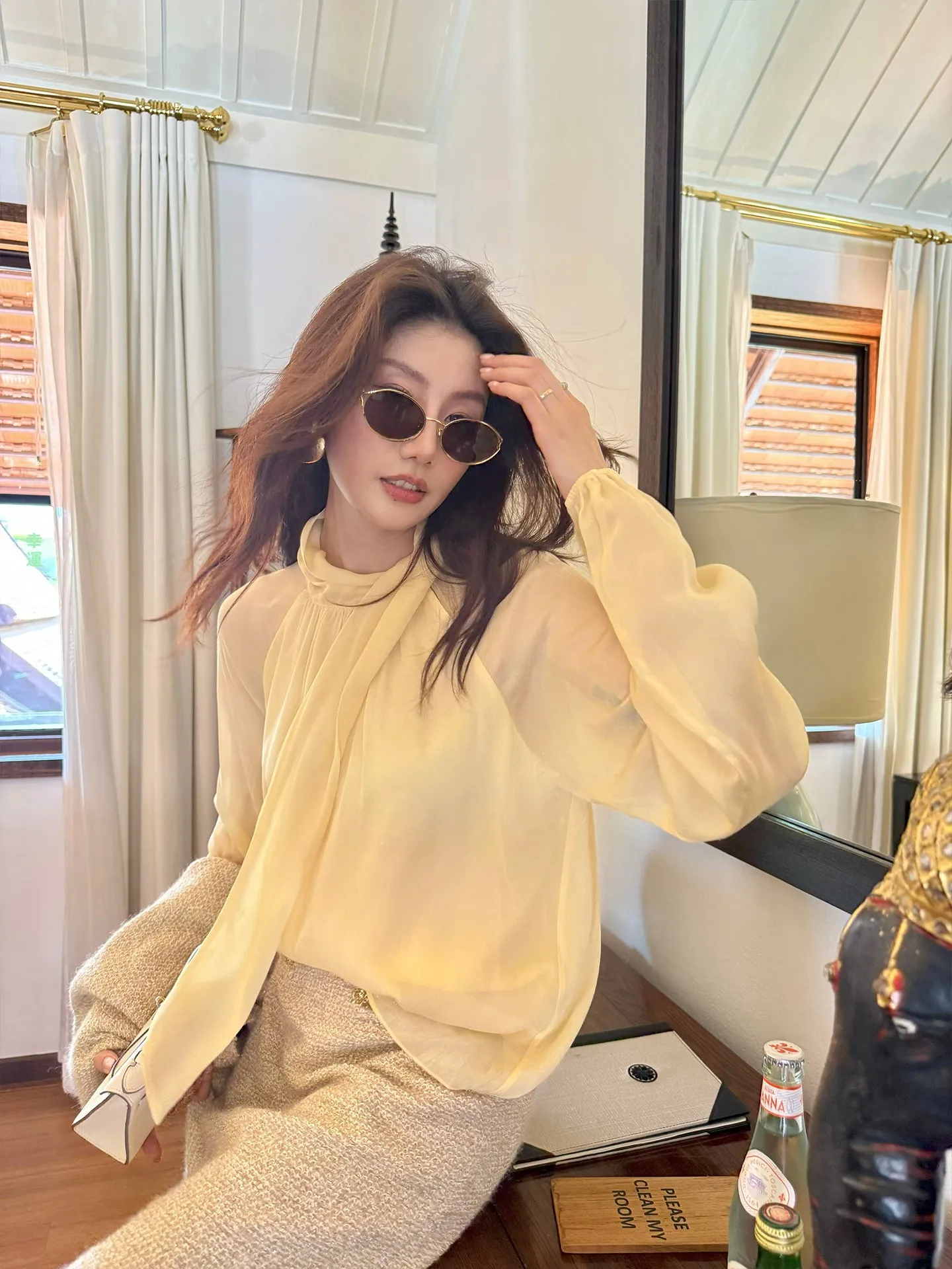 

Dragon Xier Gentle Breeze Lace Dra Breathable Gathered Sa Chiffon Top Women Spring Upper Body K200 Soft Satin Long Sve