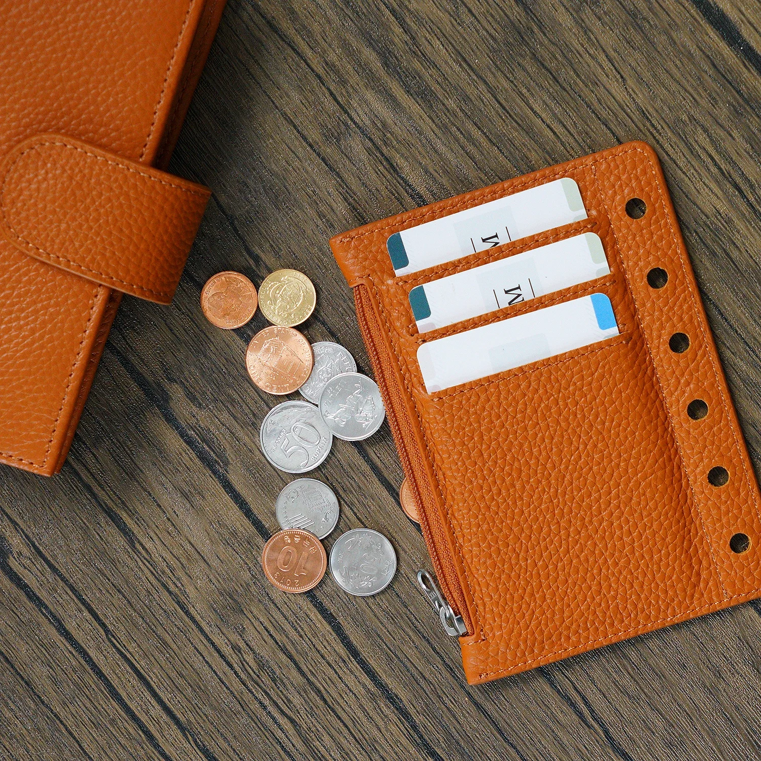 Moterm Zipper Flyleaf for Pocket A7 Size Ring Planner Genuine Pebbled Grain Leather Divider Coin Storage Bag Notebook Accessory